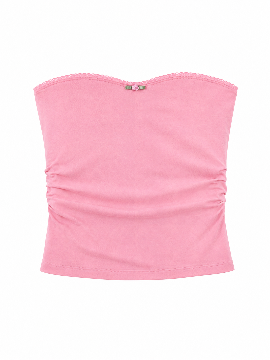 Ruched strapless tube top with rosette trim