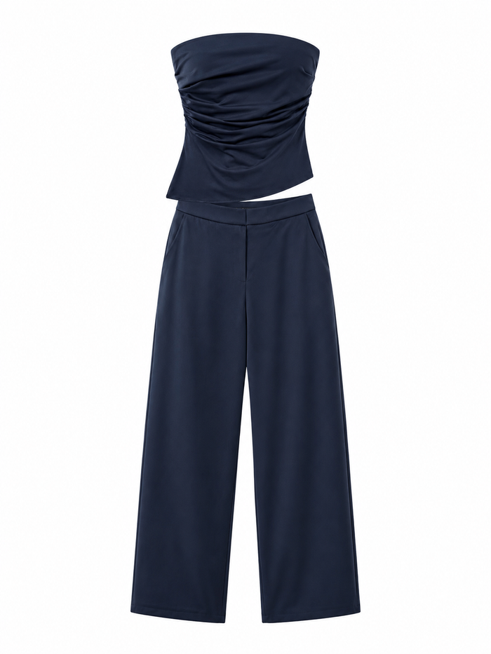 Navy ruched strapless top and wide-leg pants set