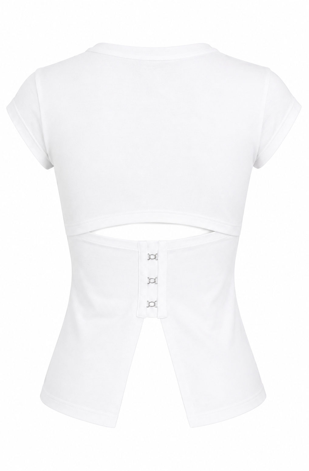 Cotton short-sleeve open-back top with hook-and-eye closures
