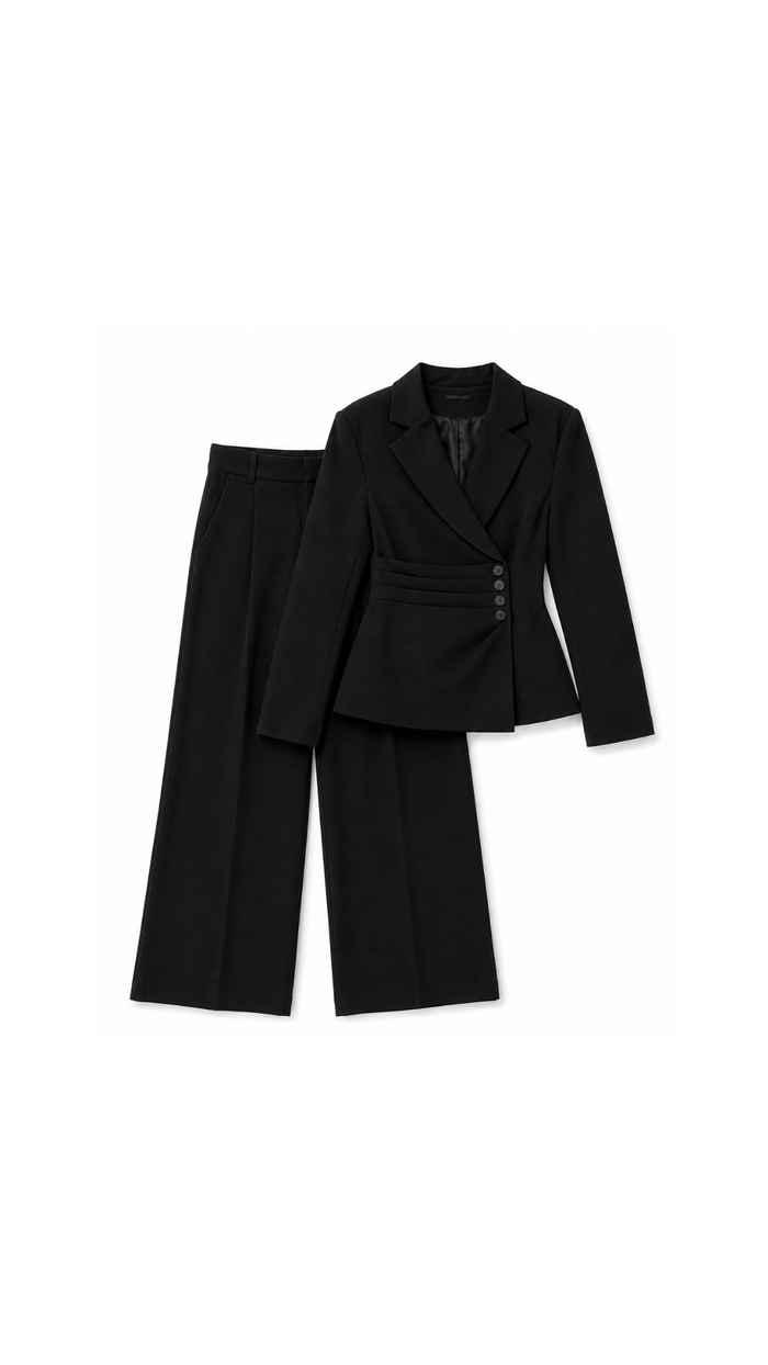 Asymmetric wrap blazer and wide-leg pants suit set