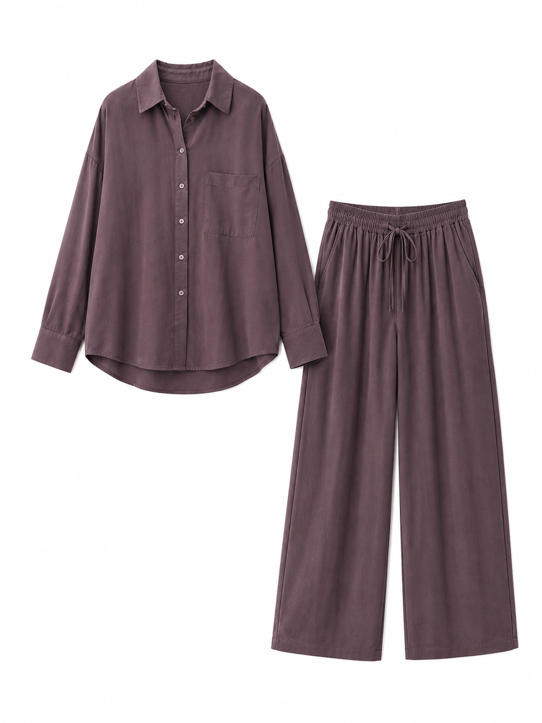 Chocolate brown button-down shirt and elastic-waist wide-leg pants set