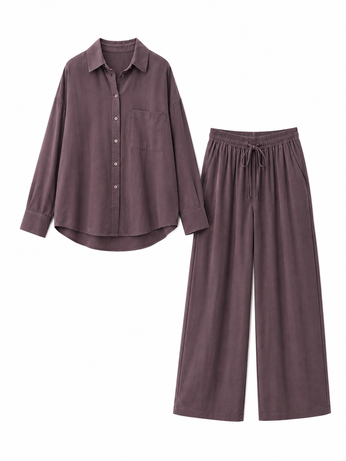 Chocolate brown button-down shirt and elastic-waist wide-leg pants set