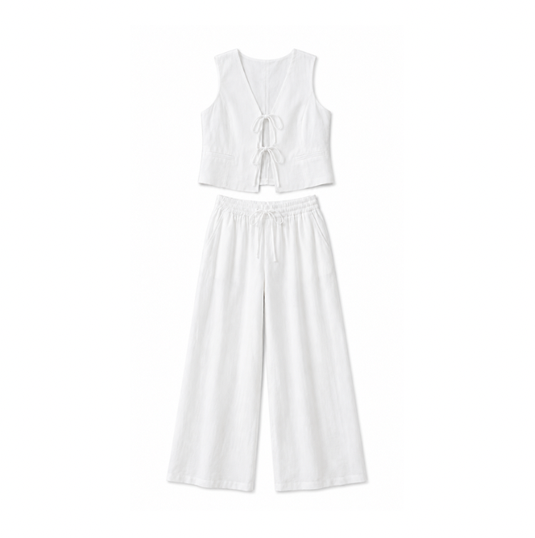 White linen tie-front vest and wide-leg pants set