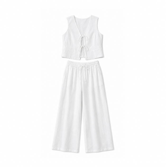 White linen tie-front vest and wide-leg pants set