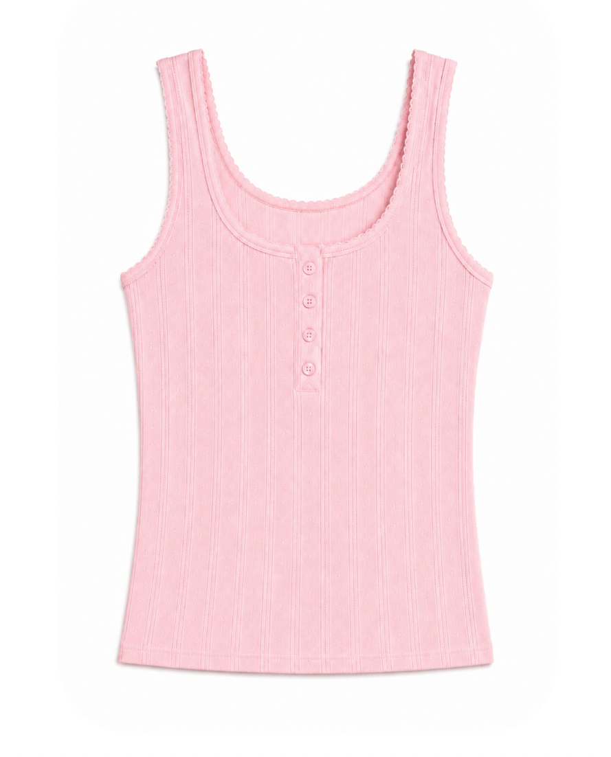 Pointelle henley cotton tank top