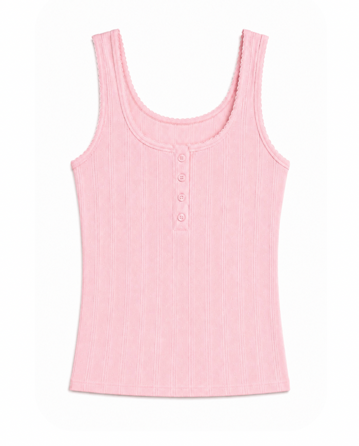Pointelle henley cotton tank top