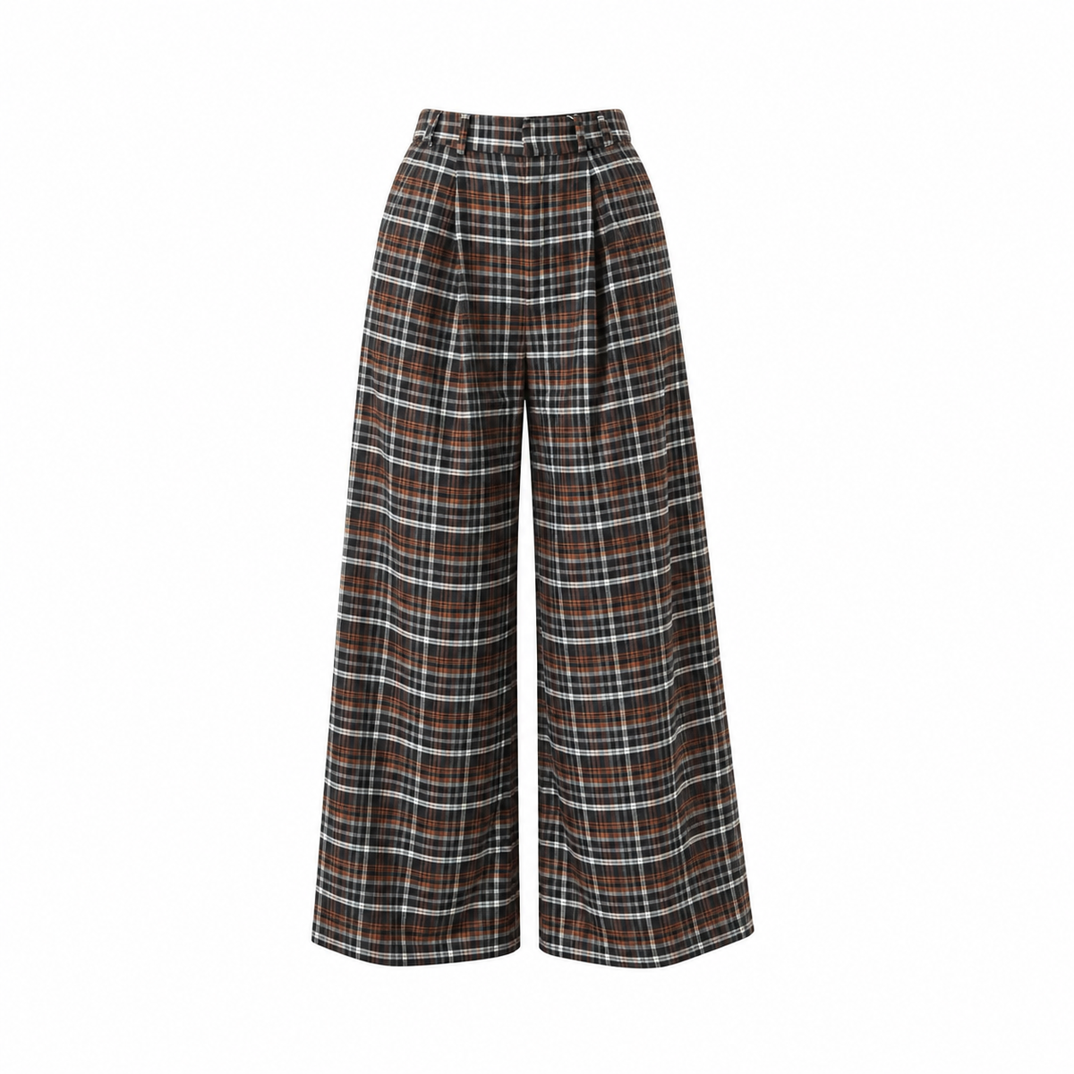 High-waist wide-leg plaid brown trousers