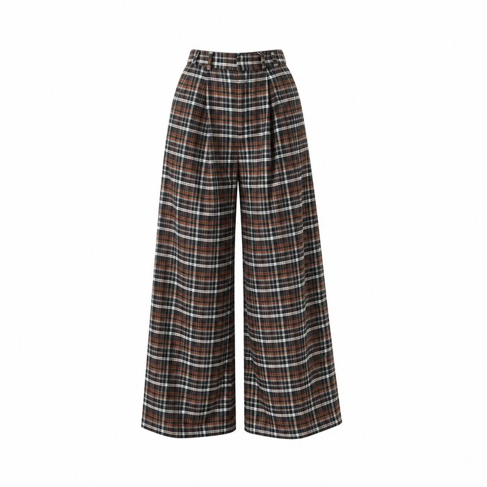High-waist wide-leg plaid brown trousers