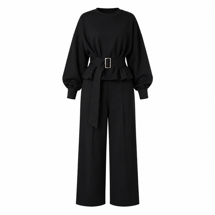 Two-piece wide-leg modal knit trouser and top set with a waist-belt detail