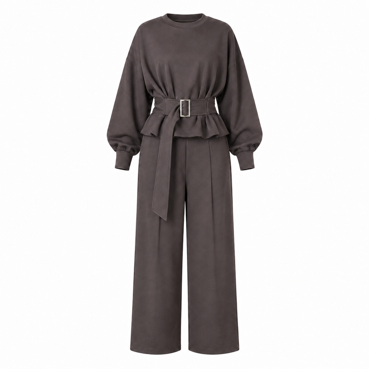 Two-piece wide-leg modal knit trouser and top set with a waist-belt detail