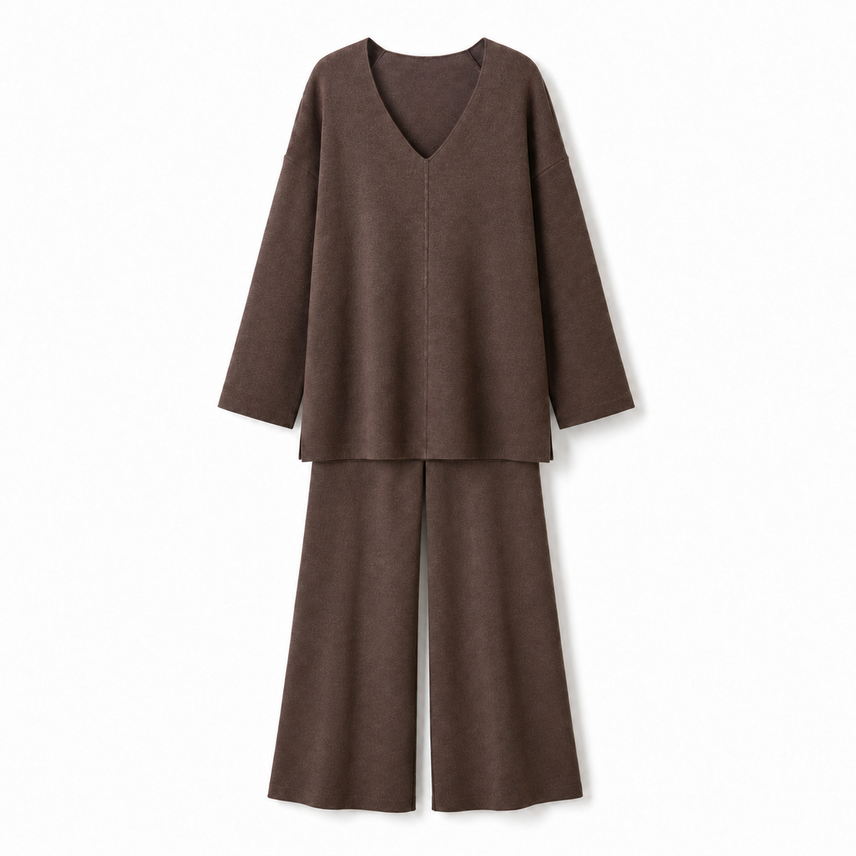 Soft knit V-neck sweater and matching wide-leg trousers co-ord set