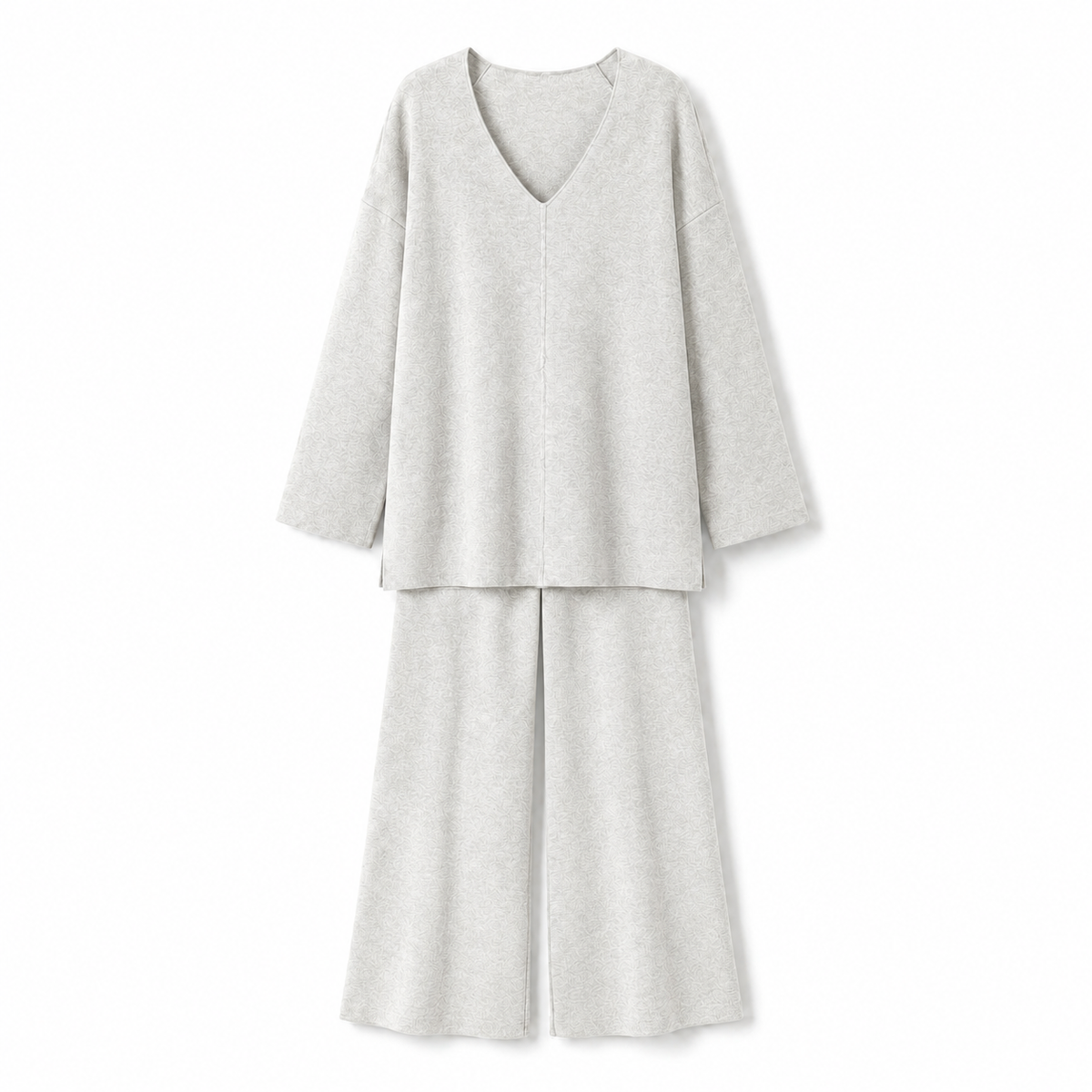 Soft knit V-neck sweater and matching wide-leg trousers co-ord set