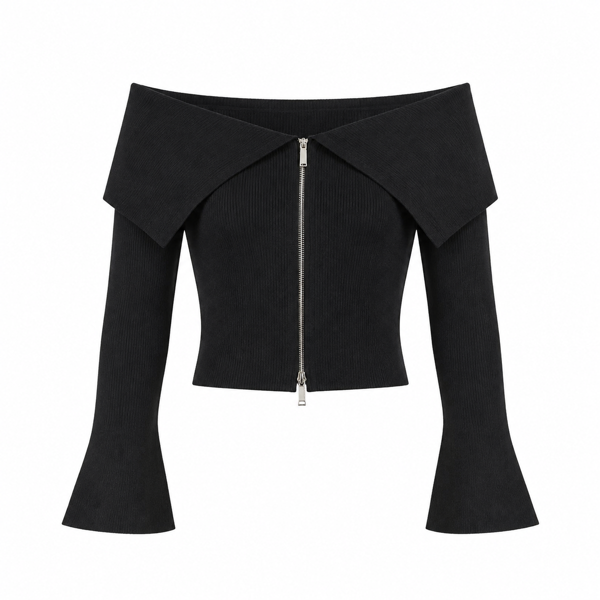 Ribbed off-the-shoulder long sleeve zip-up top