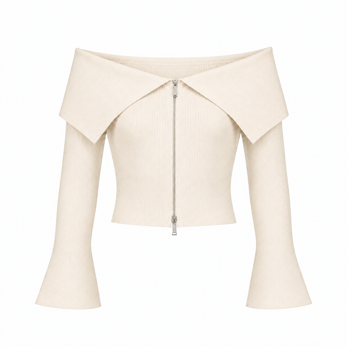 Ribbed off-the-shoulder long sleeve zip-up top