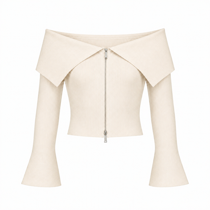 Ribbed off-the-shoulder long sleeve zip-up top