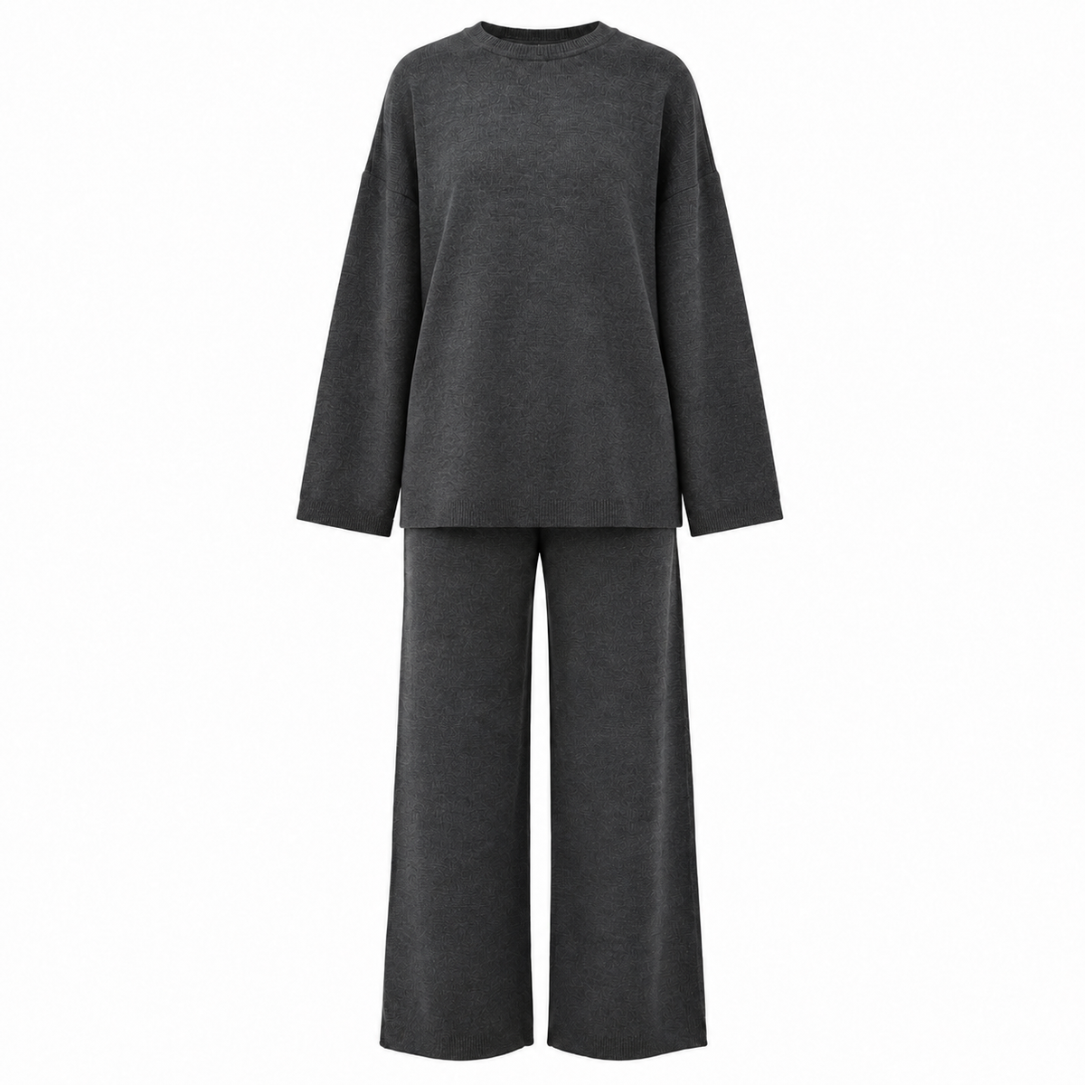 Charcoal grey crewneck oversized sweater and wide-leg knit trousers lounge co-ord set