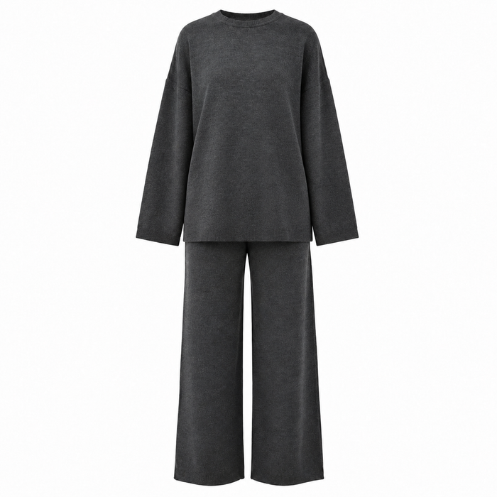 Charcoal grey crewneck oversized sweater and wide-leg knit trousers lounge co-ord set