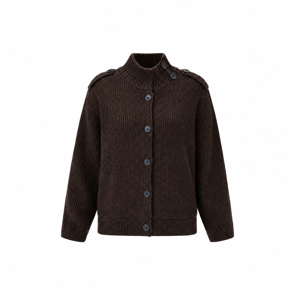 Ribbed funnel-neck cardigan with button details