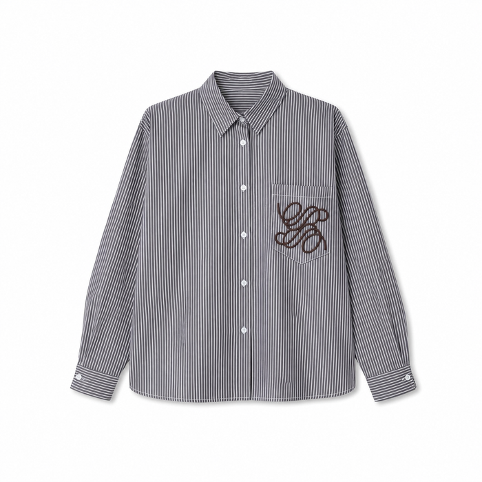Striped button-up shirt with script logo embroidery on the chest pocket