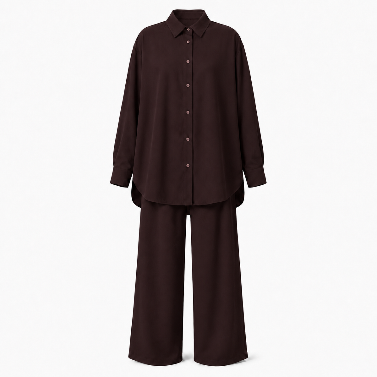 Oversized button-down shirt with open back and wide-leg pants lounge co-ord set