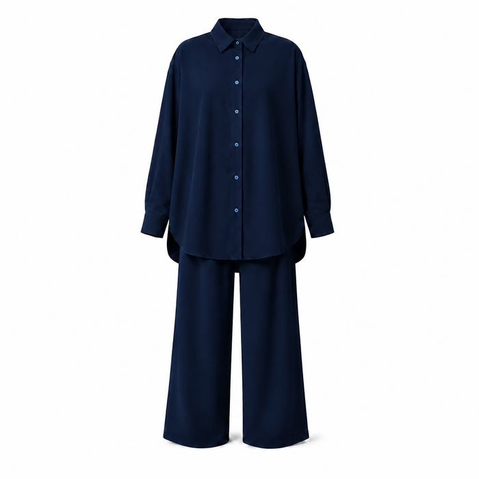Oversized button-down shirt with open back and wide-leg pants lounge co-ord set