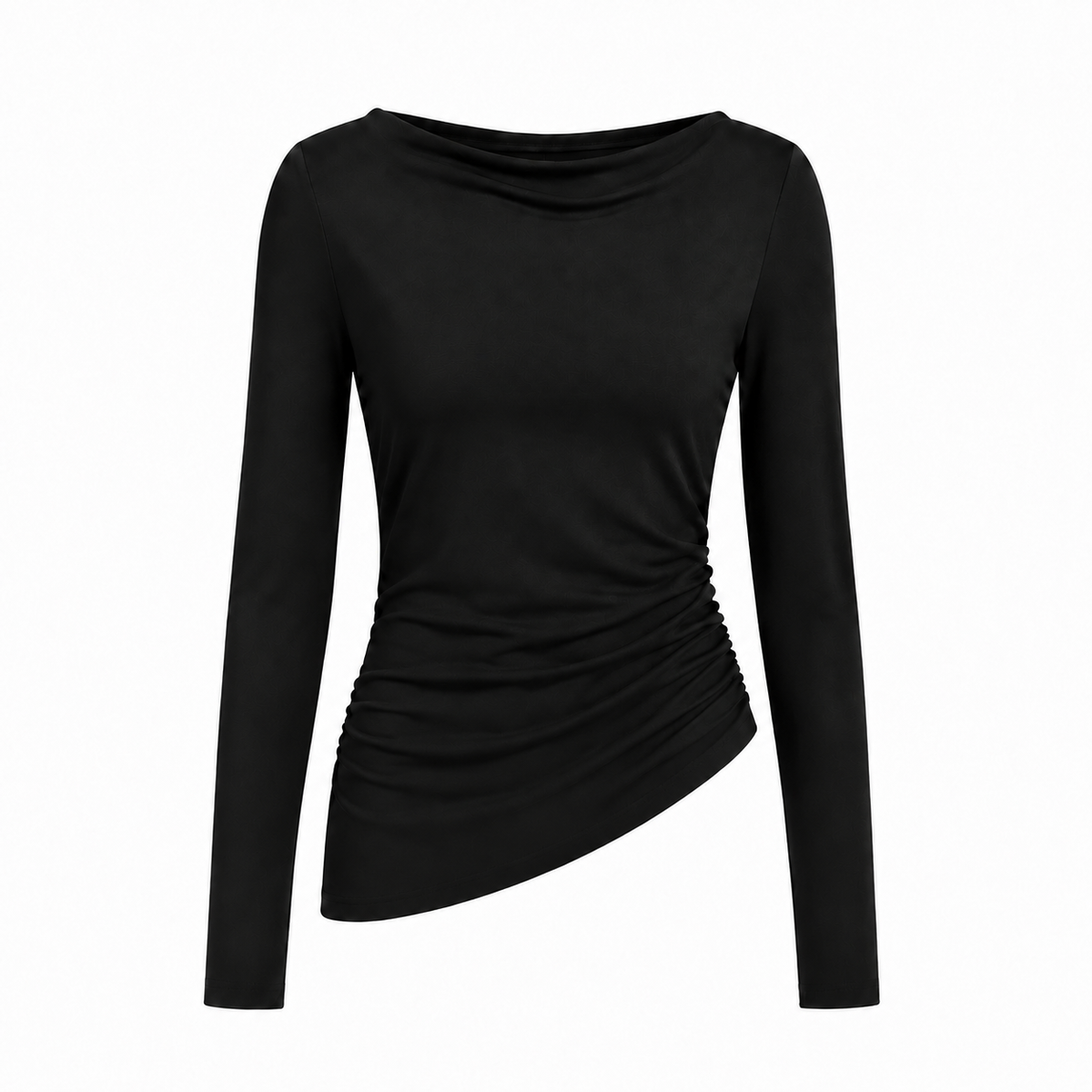 Asymmetric long-sleeve side-cinched boatneck cotton top