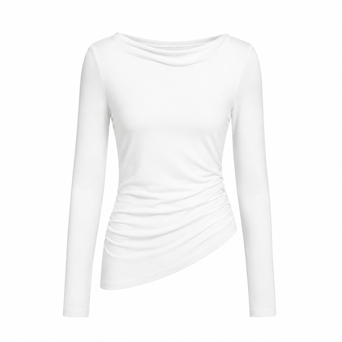 Asymmetric long-sleeve side-cinched boatneck cotton top