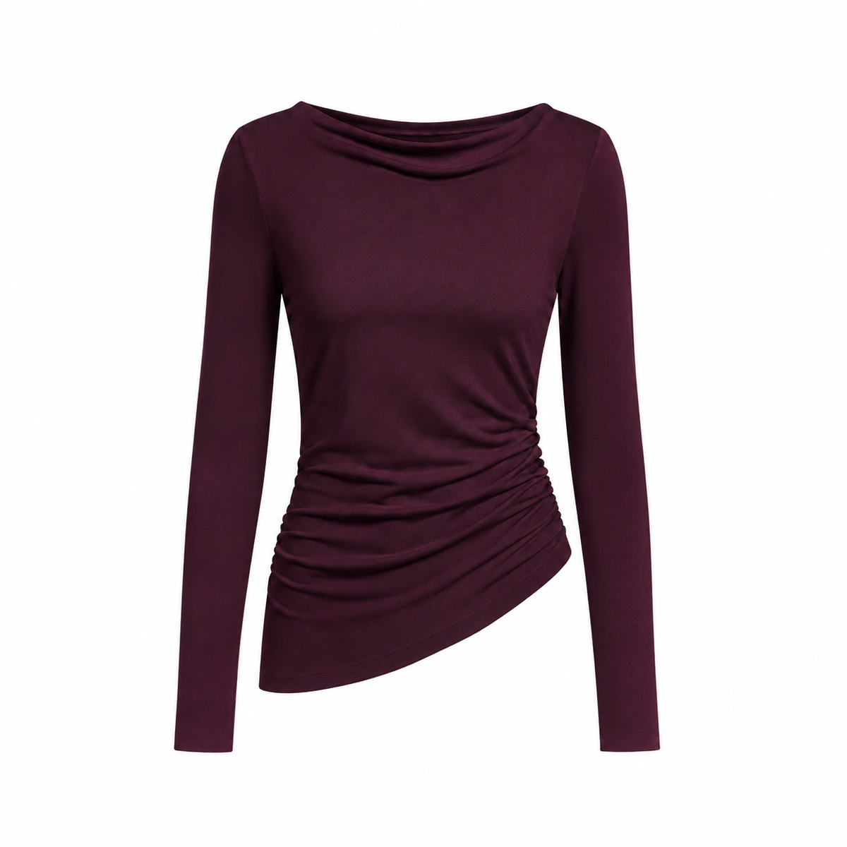 Asymmetric long-sleeve side-cinched boatneck cotton top