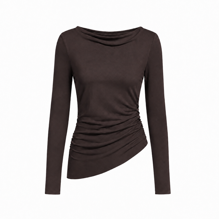 Asymmetric long-sleeve side-cinched boatneck cotton top