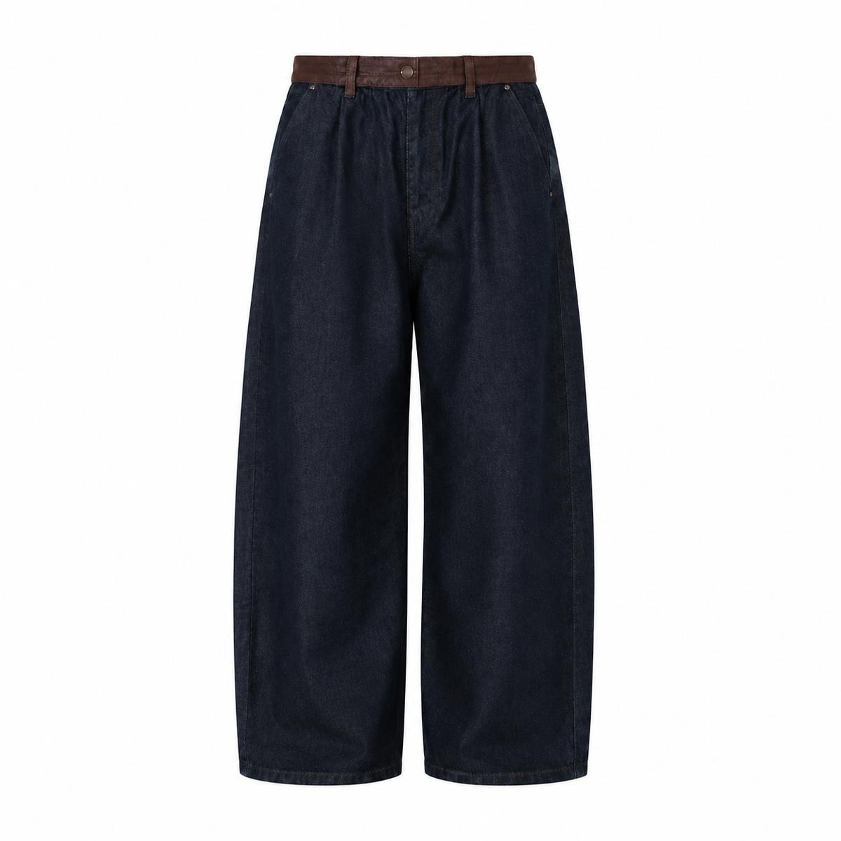 High-rise wide-leg baggy dark wash denim jeans with a brown contrast waistband