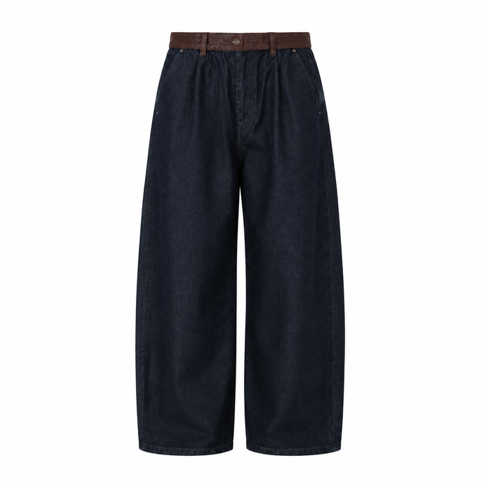 High-rise wide-leg baggy dark wash denim jeans with a brown contrast waistband
