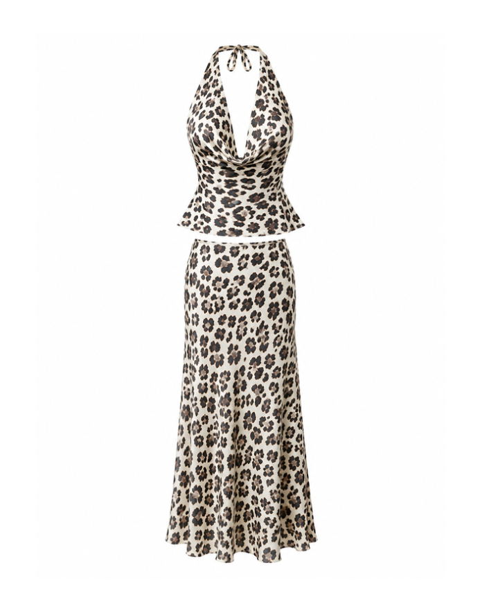 Leopard print cowl-neck halter top and midi skirt matching set