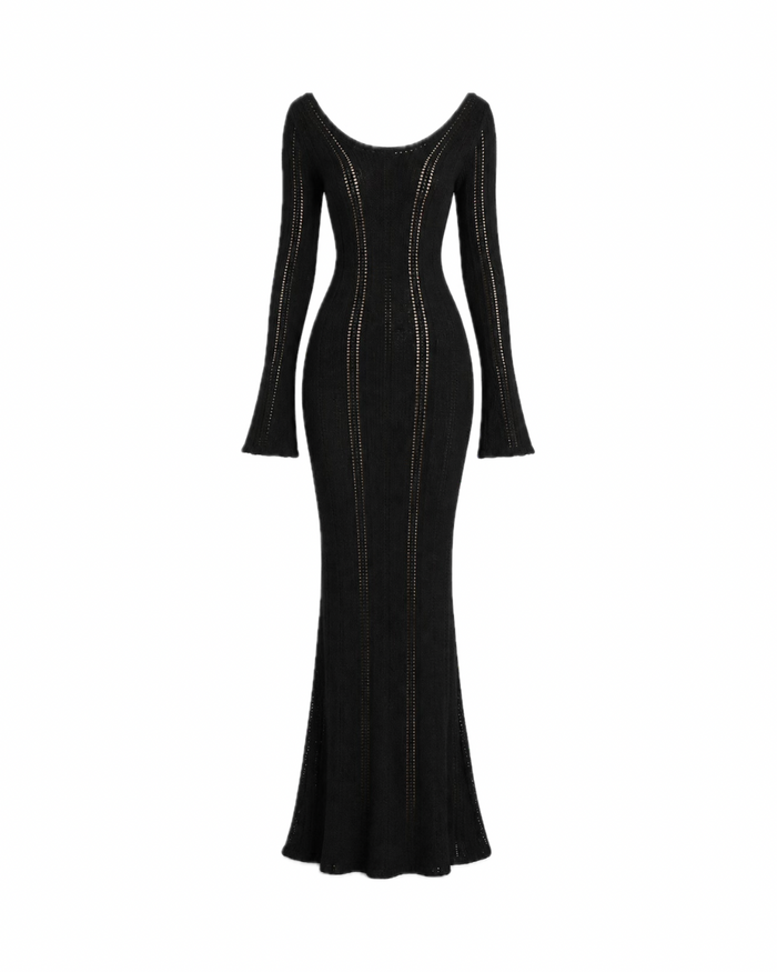 Long-sleeve hollow-out knit maxi dress